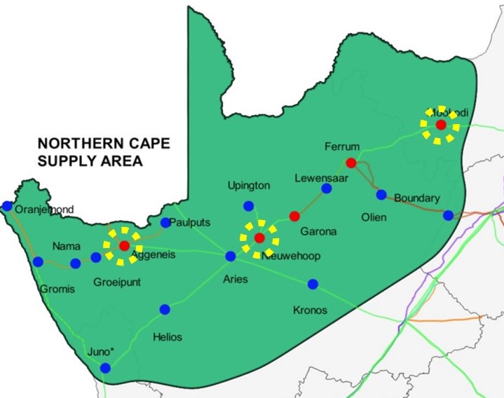 Caption: The location of the three Oasis 1 Battery energy storage projects, as indicated in yellow, in the Northern Cape supply area. 