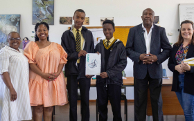 From left to right: Principal of Nombulelo Secondary School, Mrs N.B. Mhlekwa; Ms. Sibulele Qodashe; Amandla Wayi; Mivuyo Ngetu; CMC Head Mr M.B. Matyolo; Angela Harrison, SED Manager, Wind Garden. Absent: Nanga Onele, third Nombulelo Secondary School winner.